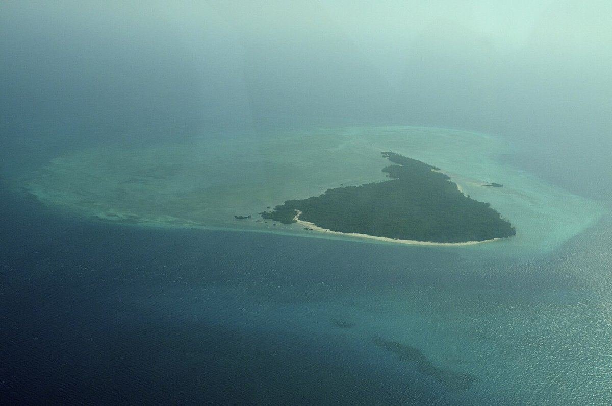 Aerial view of Misali Island and its surrounding coral reef off the coast of Pemba