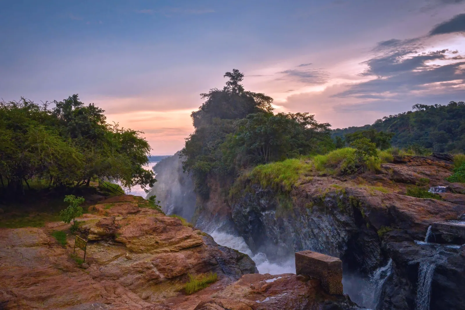 Sunset over the top of Murchison Falls, where the Nile forces through a narrow gorge