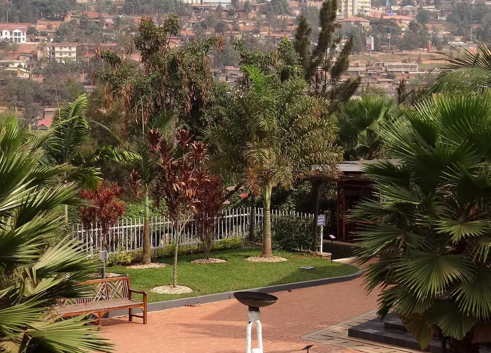Grounds of the Kigali Genocide Memorial with the city beyond