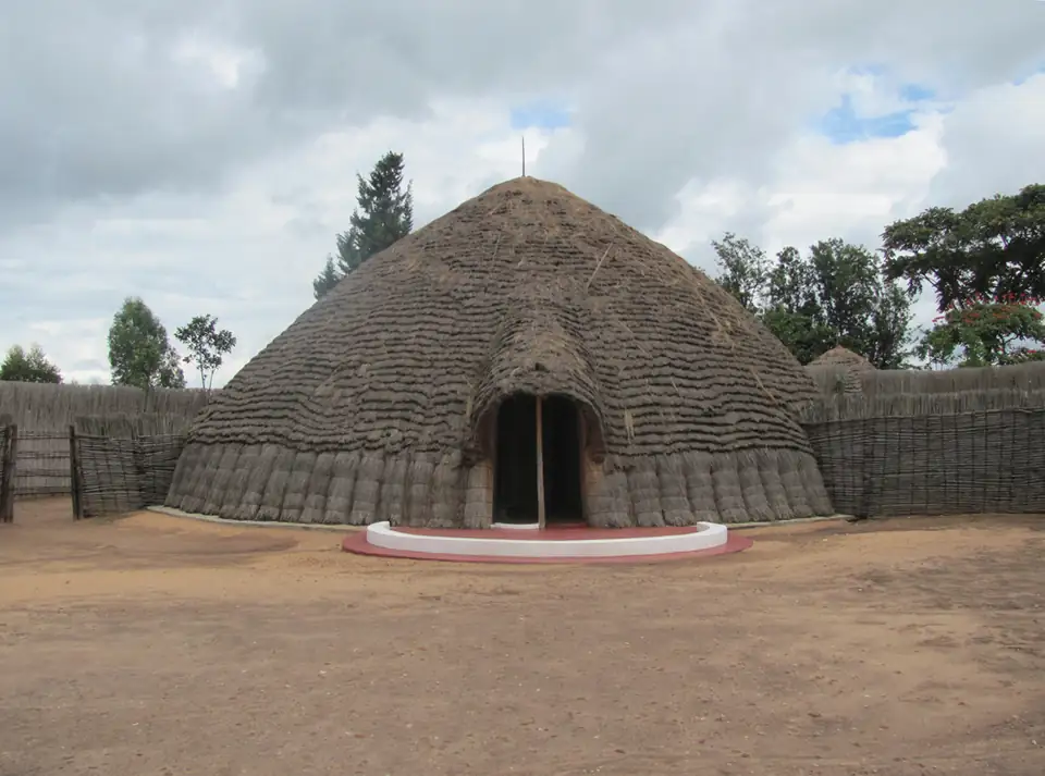 The traditional royal palace replica at Nyanza