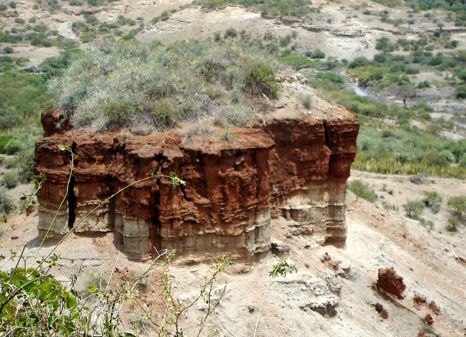 Eroded rock layers in Olduvai Gorge