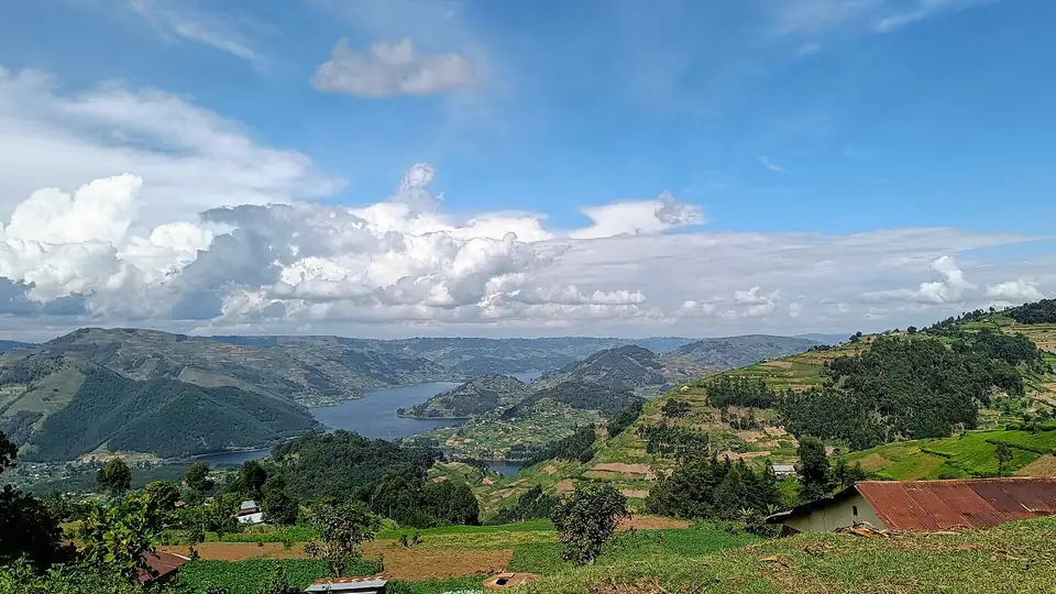 Lake Bunyonyi and its islands among terraced hills