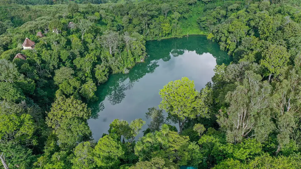 Aerial view of Lake Nkuruba in the Ndali-Kasenda crater lakes