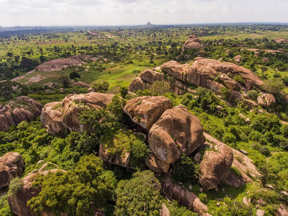 Aerial view of the granite outcrops at the Nyero rock painting site
