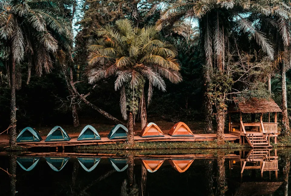 Row of small camping tents on a wooden deck by a still forest lake, with a thatched shelter