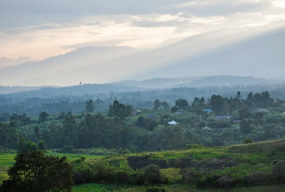 Misty green hills with banana groves and scattered small houses below a mountain range
